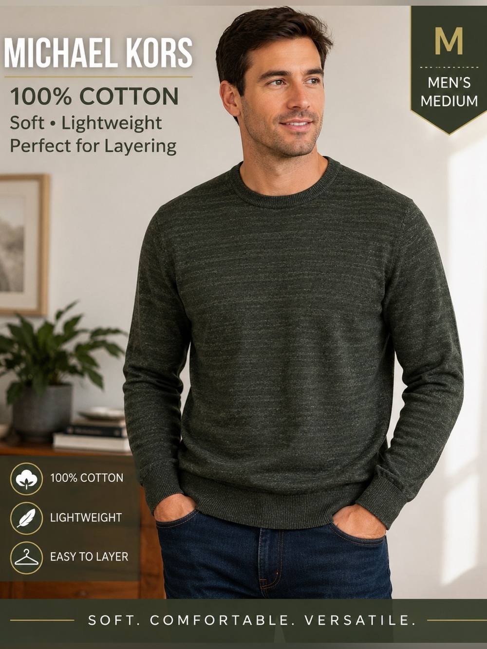 Michael Kors Men’s 100% Cotton Crewneck Sweater Medium Olive Green Lightweight